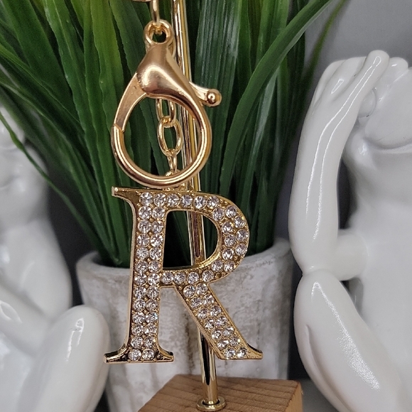 Letter R Initial R Alphabet R Rhinestone Gold Key Chain Bag Charm - Picture 2 of 7